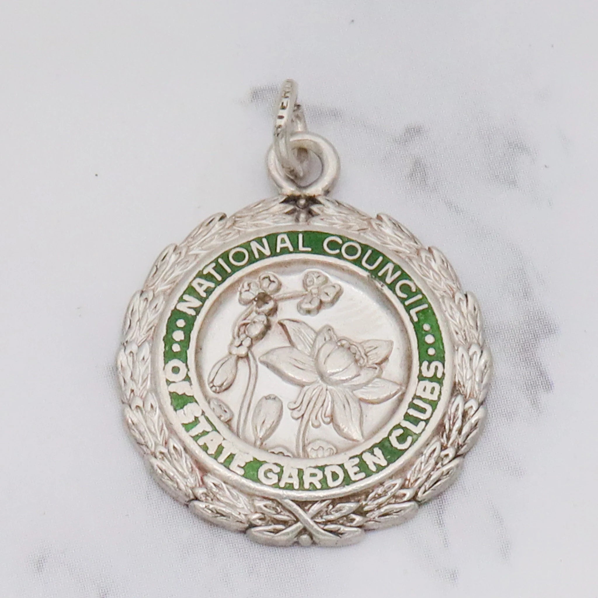 Antique sterling enamel "National Council of State Garden Clubs" medallion pendant